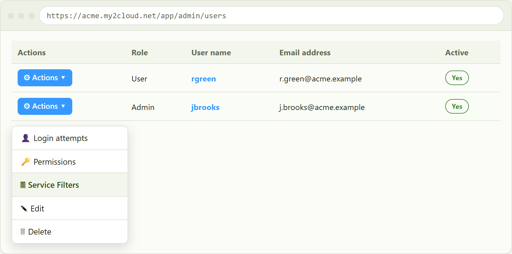 the Actions menu on a user row, with Service Filters highlighted.