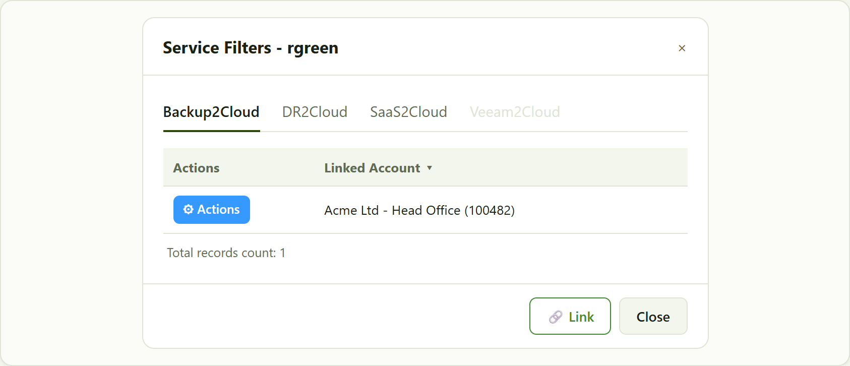 the Service Filters window for a user. Each service is a tab; linked accounts are listed with an Actions column and a Linked Account column.