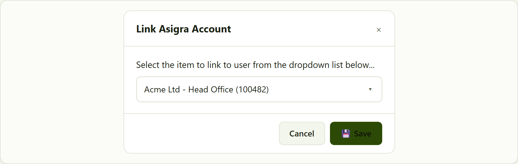 the link dialog. Pick the single account the user should be limited to, then Save.