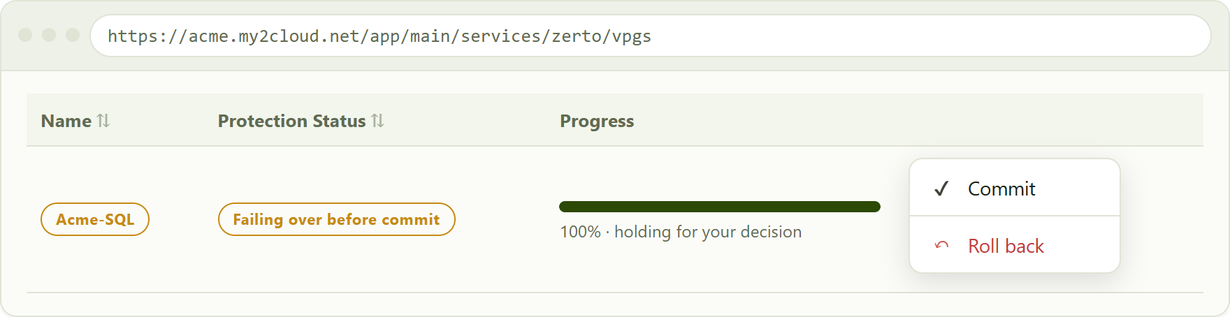 a VPG holding at "Failing over before commit". Once progress reaches 100%, Commit and Roll back are offered so you can validate the recovered machines before choosing.