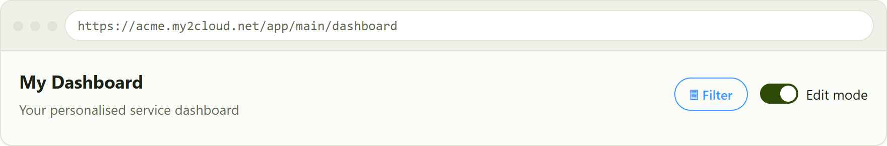 the Edit mode switch in the dashboard header, shown turned on.