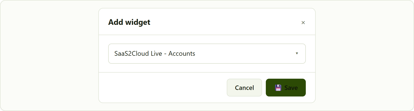 the Add widget dialog is a simple drop-down of the widgets available to you.