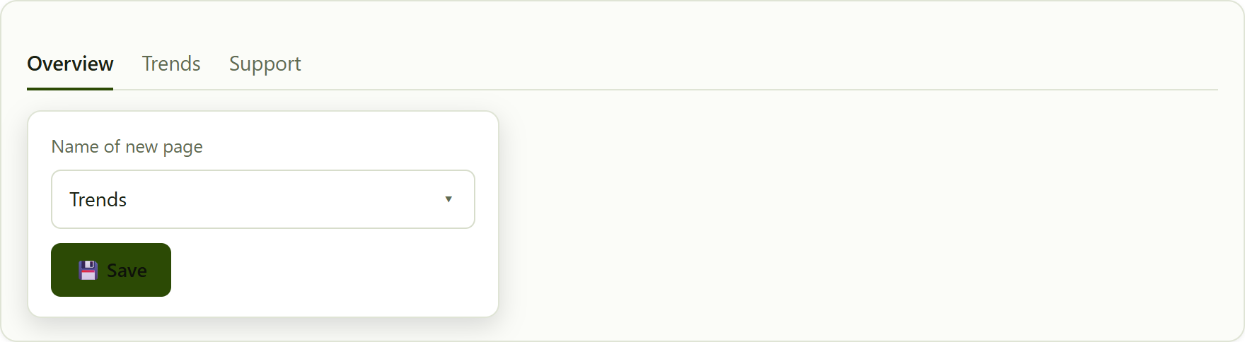 dashboard tabs, and the "Add page" box for naming a new tab.