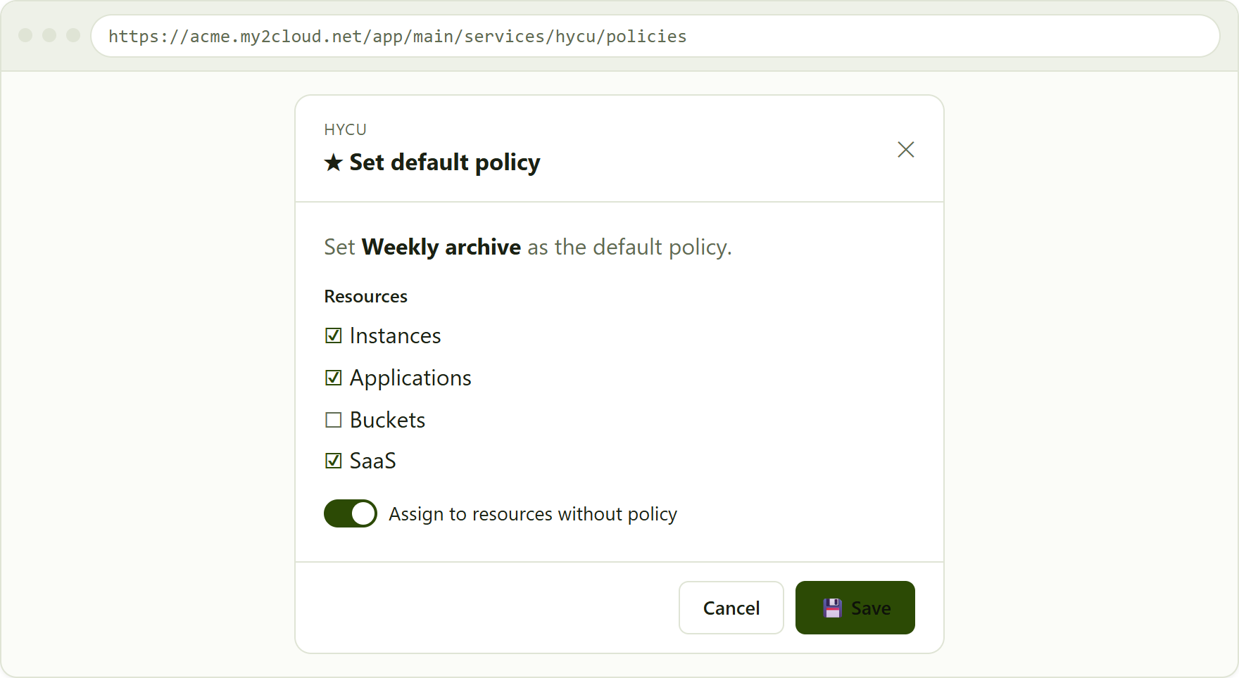 the Set default policy modal, with resource checkboxes and the assign-to-unassigned toggle.