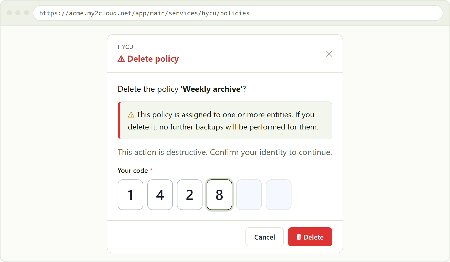 the Delete policy confirmation, with the assigned-entities warning and the authenticator-code prompt.