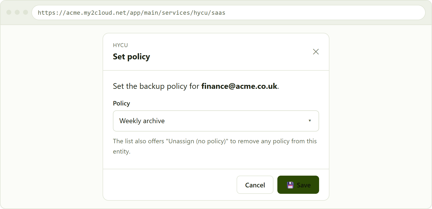 the Set policy modal on a SaaS entity, choosing a policy or unassigning.
