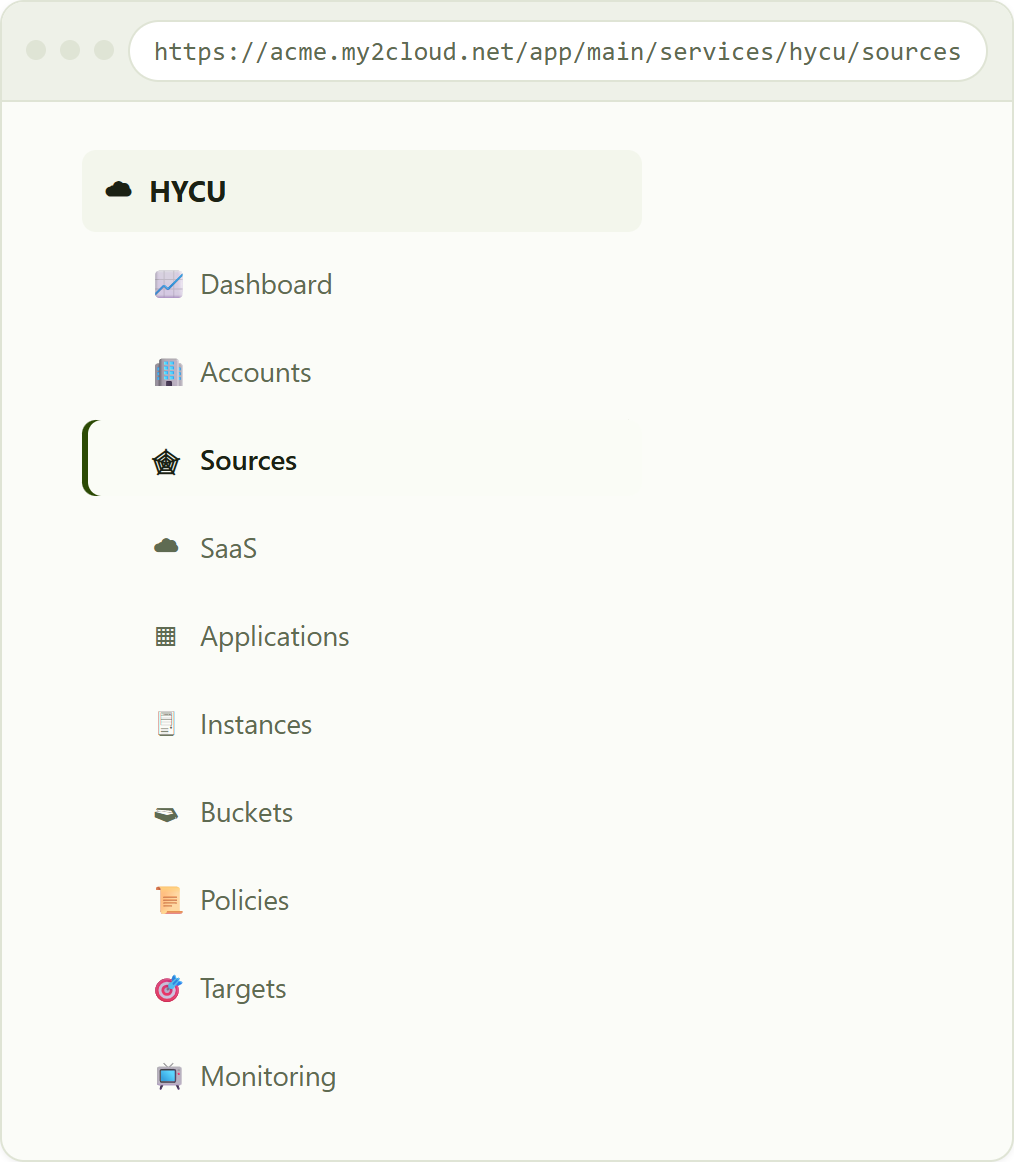 the HYCU menu under Services, with Sources selected. Which entries you see depends on the permissions granted to you.
