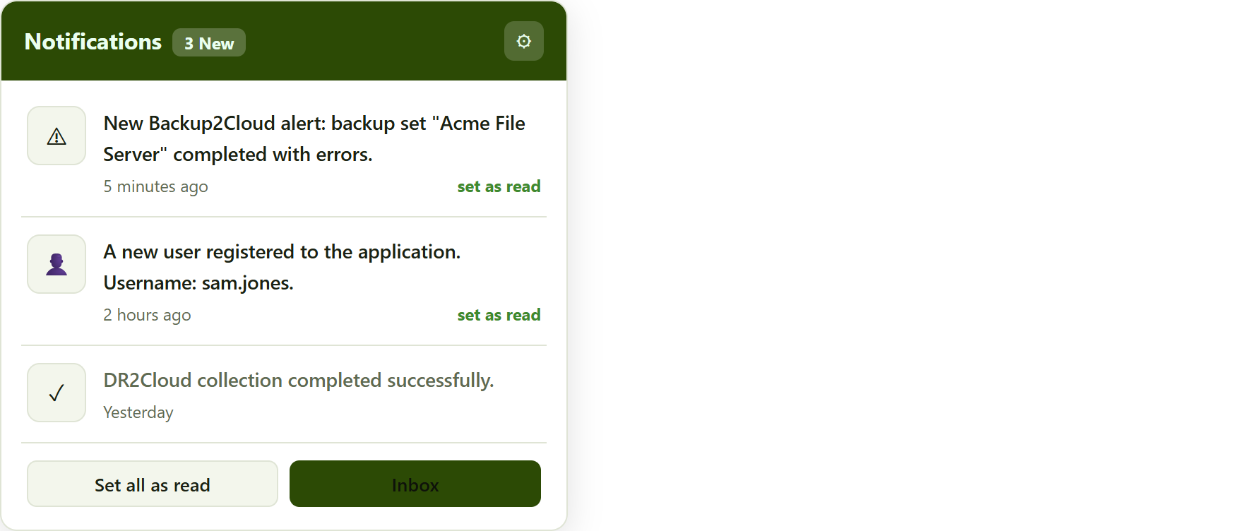 the notifications panel. Unread rows are bold; the third has already been read. The cog opens notification settings.