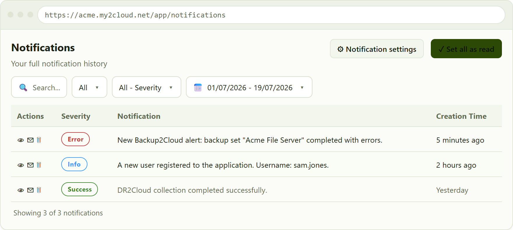 the full Notifications page, with search, read-state, severity and date filters. The read row is shown dimmed.