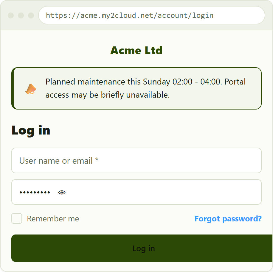 the sign-in page at an organisation's own address. The welcome banner only appears when Assurestor has a message to show.