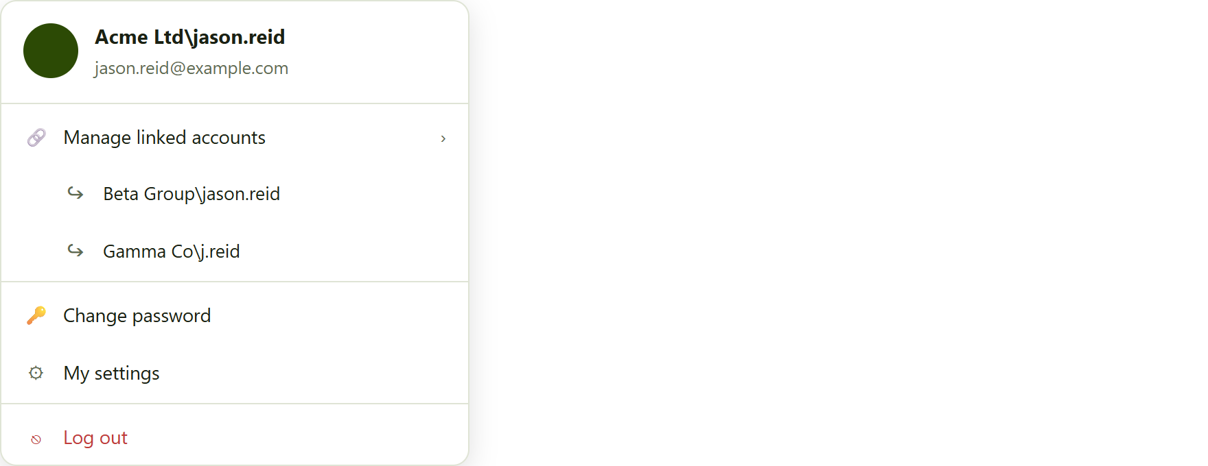 the account menu, top-right. Linked organisations appear under Manage linked accounts for one-click switching.