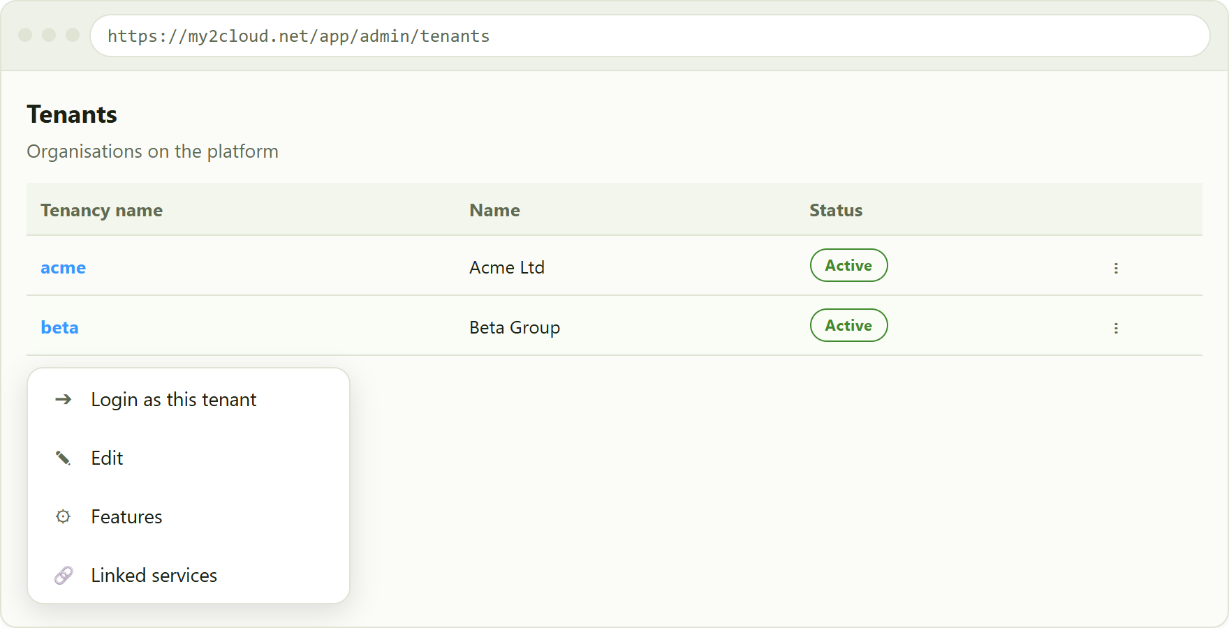 the Tenants admin page. The row menu offers Login as this tenant for active organisations.
