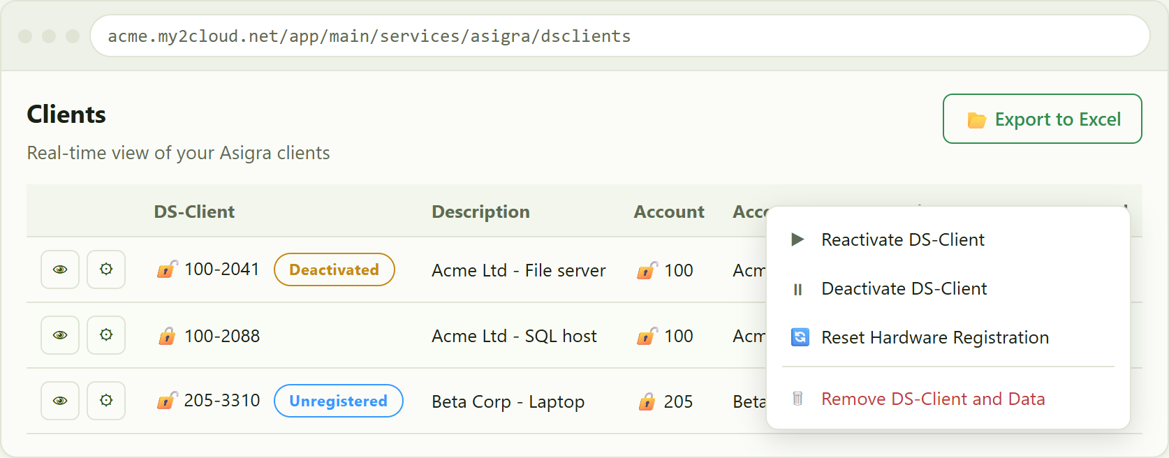 the Clients list. A red padlock marks a locked DS-Client or account and a grey
open padlock an unlocked one. Deactivated and Unregistered DS-Clients carry a badge. The cog opens the
Actions menu, showing only the actions valid for that row.