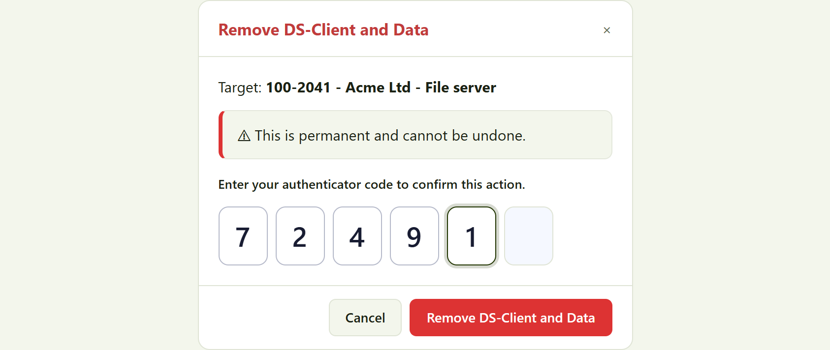 confirming a destructive action. With two-factor enabled you enter your
six-digit authenticator code; the action confirms automatically once the sixth digit is entered.