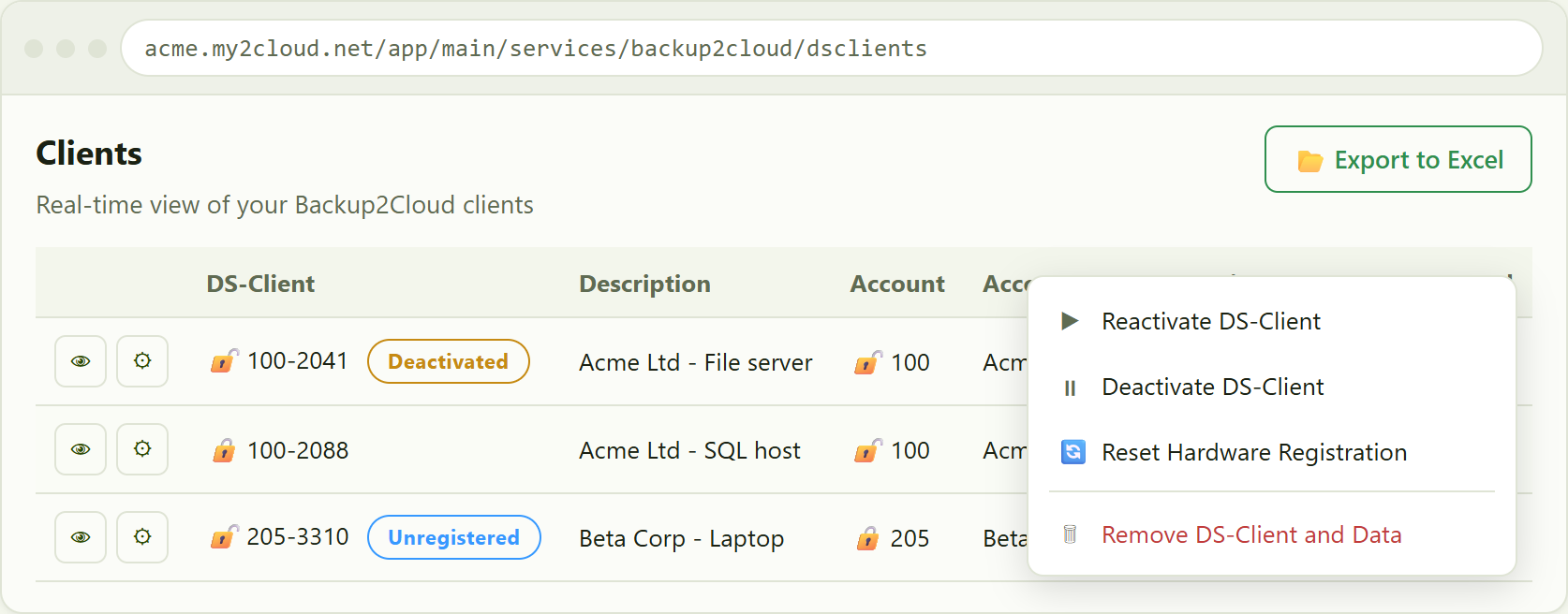 the Clients list. A red padlock marks a locked DS-Client or account and a grey
open padlock an unlocked one. Deactivated and Unregistered DS-Clients carry a badge. The cog opens the
Actions menu, showing only the actions valid for that row.