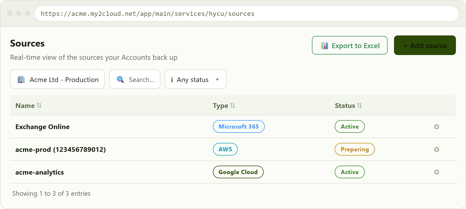 the Sources live view with an Account selected. The cog at the end of each row opens Edit and Delete source. A freshly added source shows Preparing until its grant step is complete.