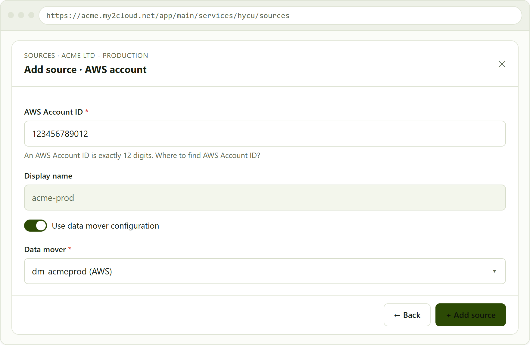 the AWS source form. After adding, the wizard shows a CloudFormation link to run in your AWS account so HYCU can access it.