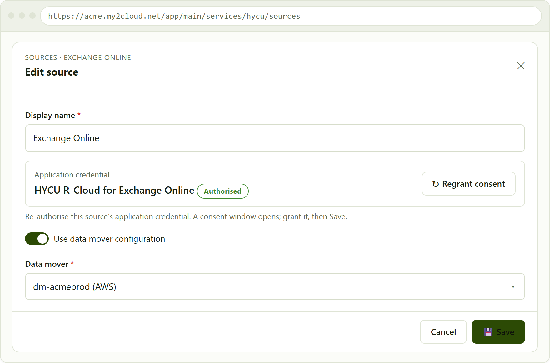 the Edit source modal for a SaaS source, showing the application credential panel and the Regrant consent action used to refresh an expired or revoked consent.