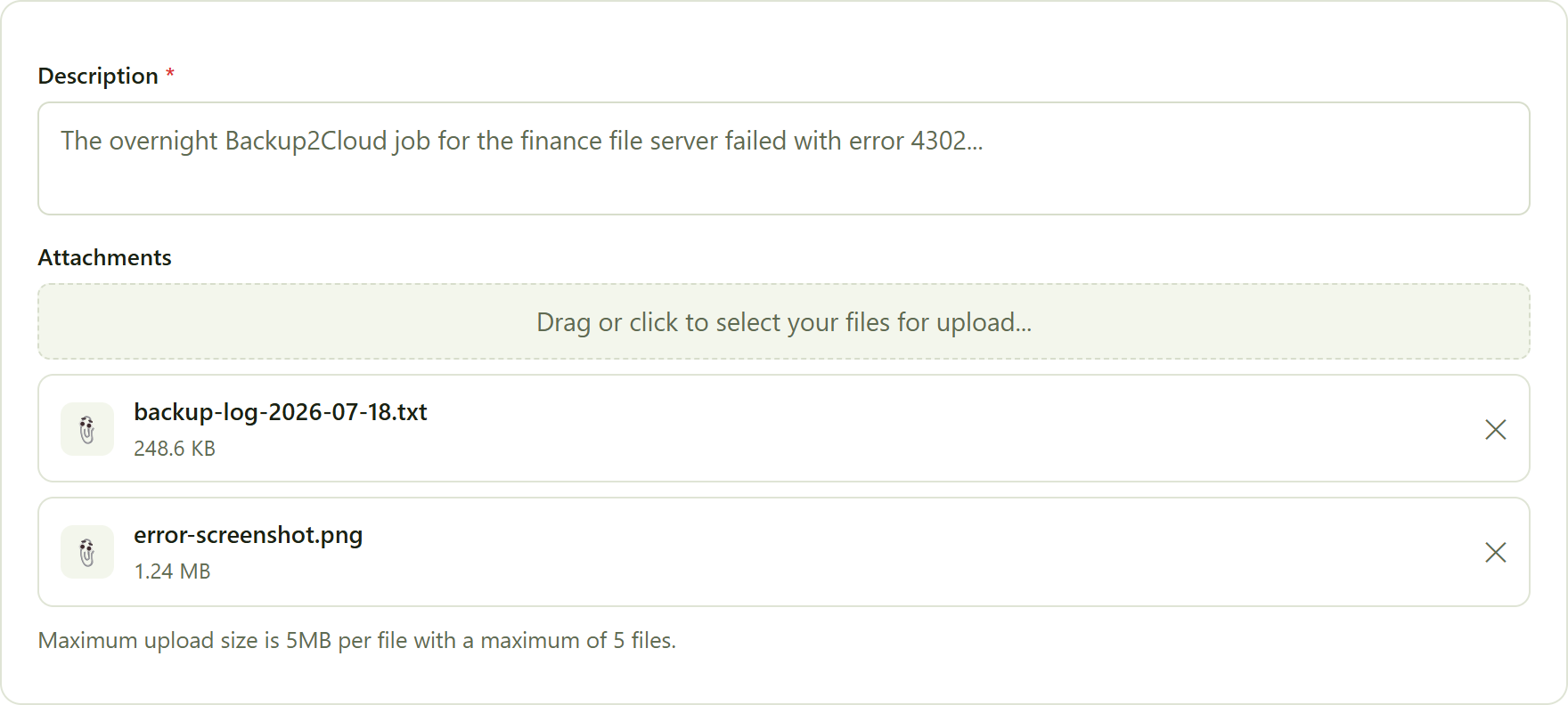 step 3. Each attached file lists its name and size, and can be removed before you submit.