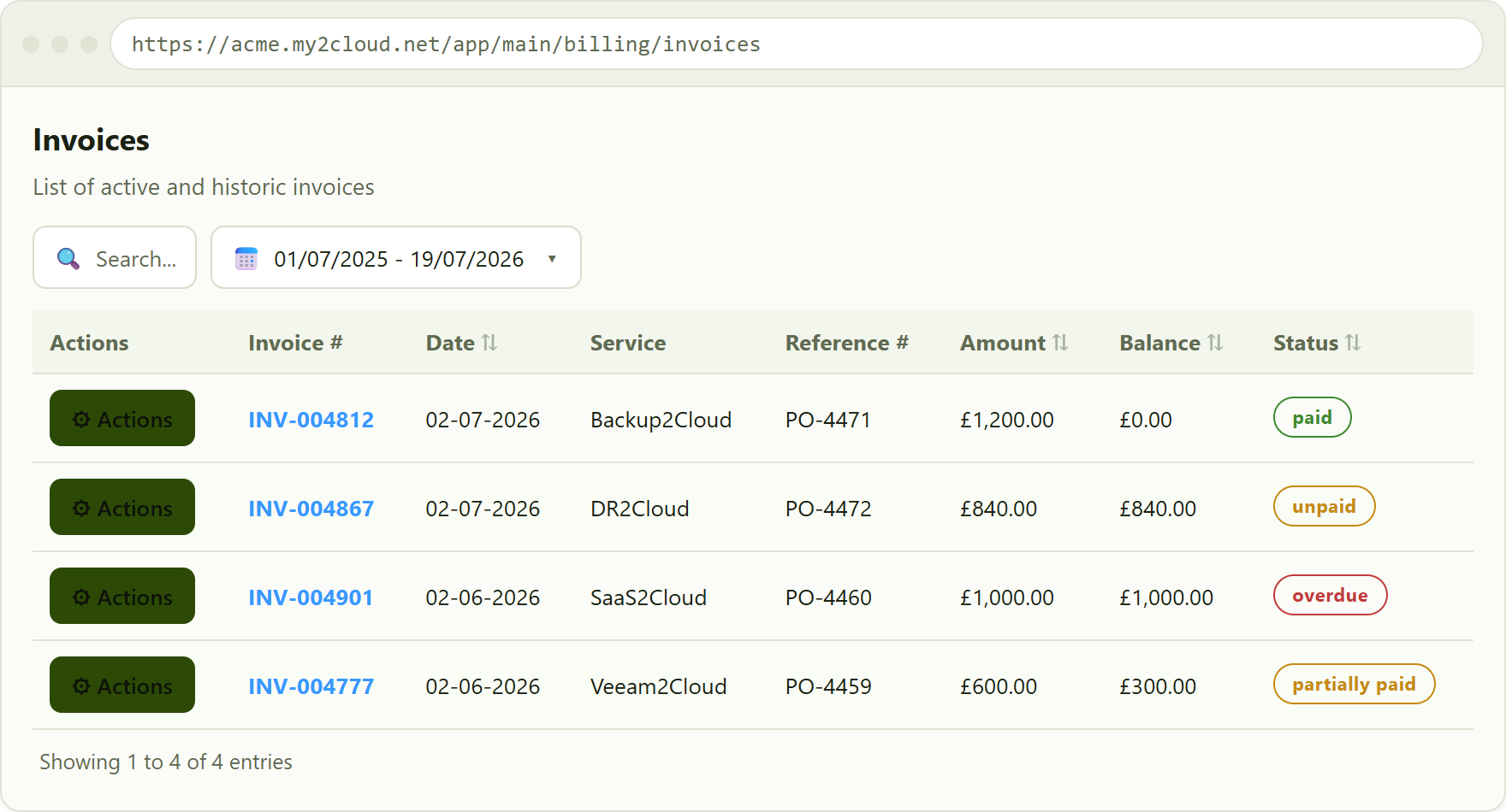 the Invoices list with sample data. The Status column uses colour-coded pills, explained below.