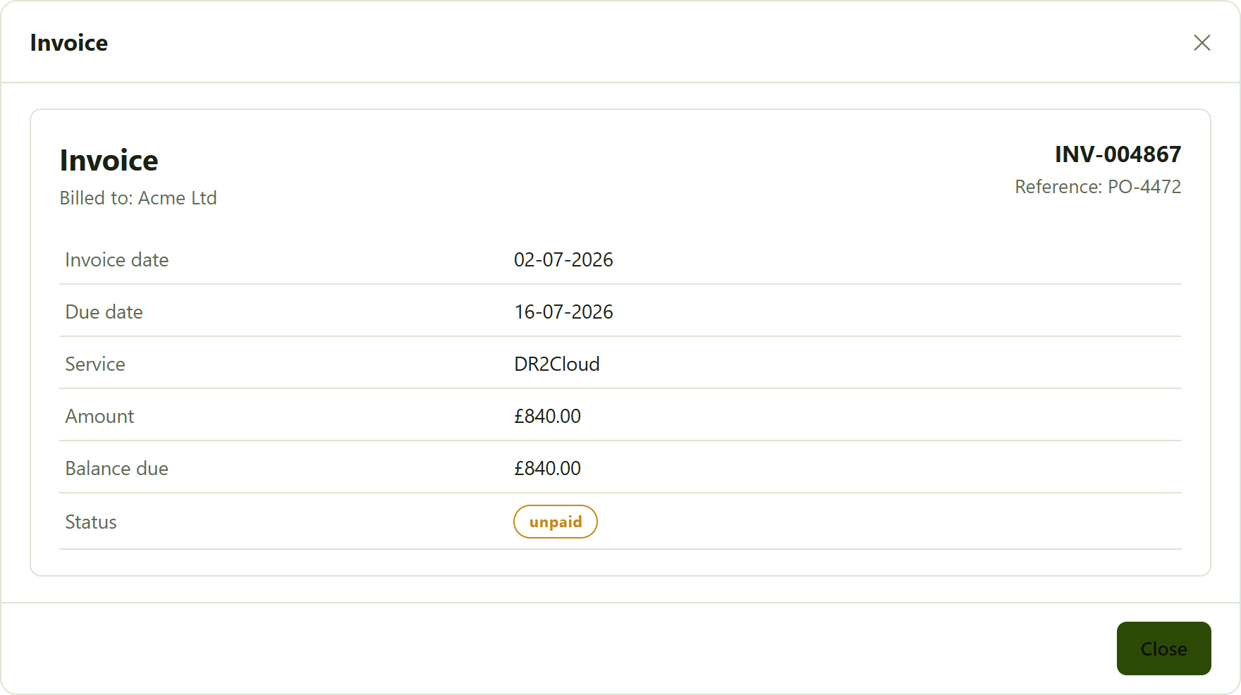 an invoice opened in the viewer. The real document shows the full itemised invoice; the figures here are sample data.