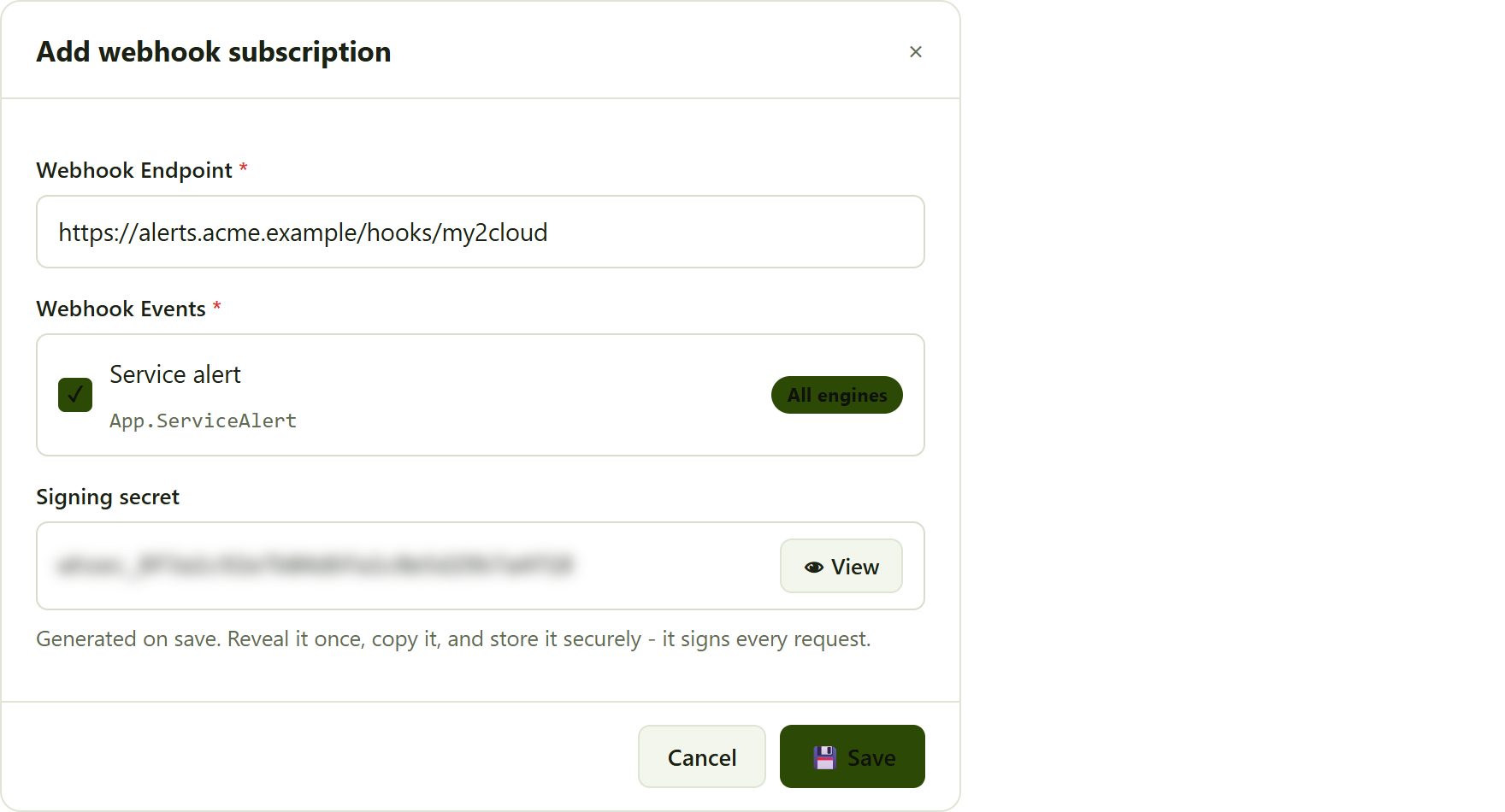 the Add webhook subscription form, with the endpoint URL, the Service alert event selected, and the signing secret shown blurred behind a View control.