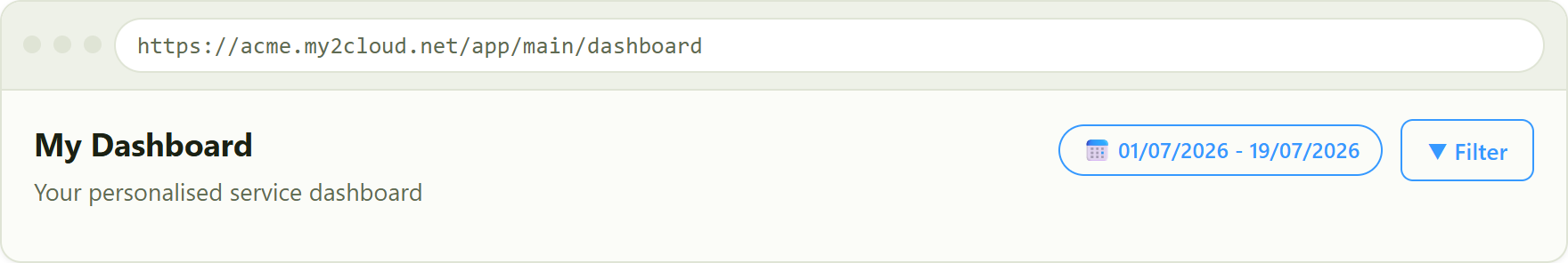the Filter button in the dashboard header, with the currently applied date range shown as a pill.