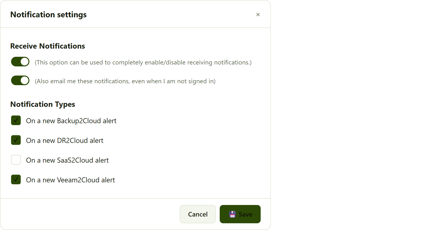 Notification settings with both switches on and the notification types ticked. You will only see the types for the services on your account.