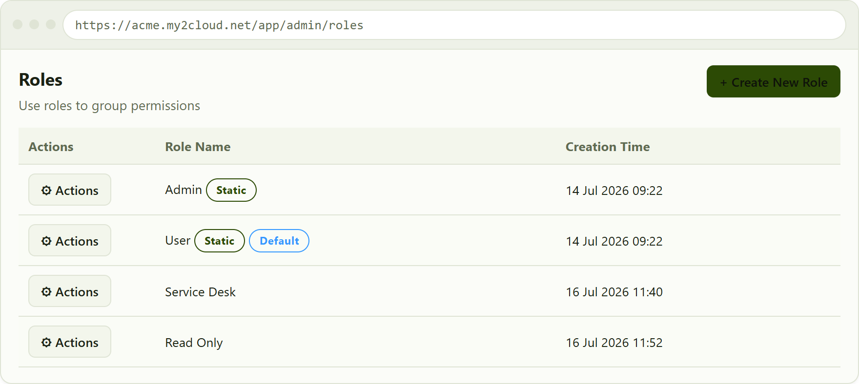 the Roles list. Static roles cannot be deleted; a Default role is assigned to new users automatically.