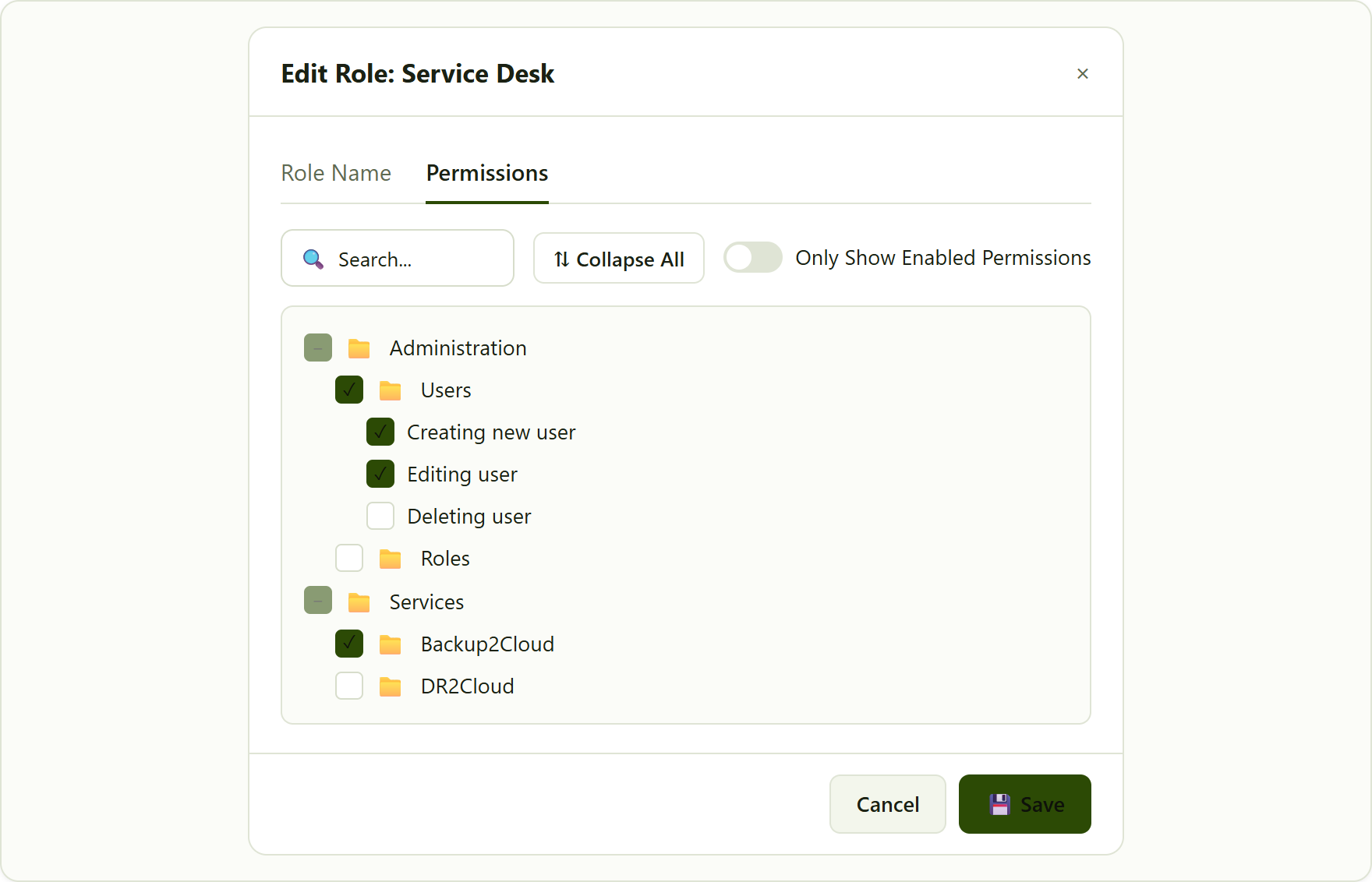 the Permissions tab of a role, with the checkbox tree. Ticking a group selects the items beneath it; a part-filled box means only some are ticked.