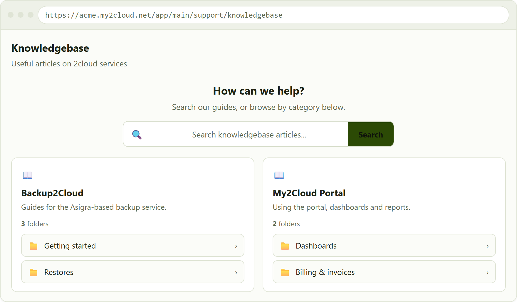 the knowledge base landing page - a search box at the top and category cards, each listing its folders.