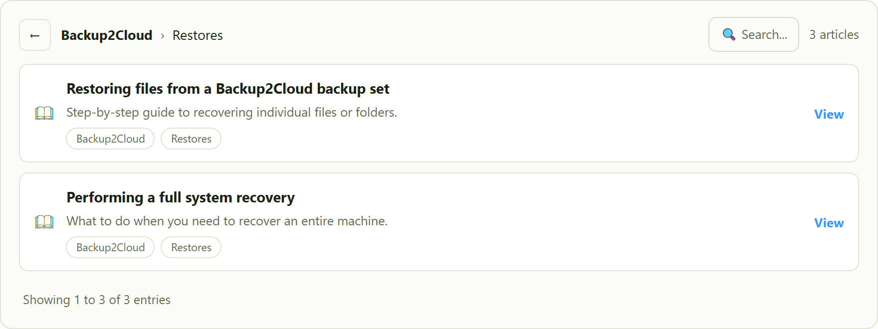 the article list, with the breadcrumb, an in-list filter box and the article count. Click a row to read it.
