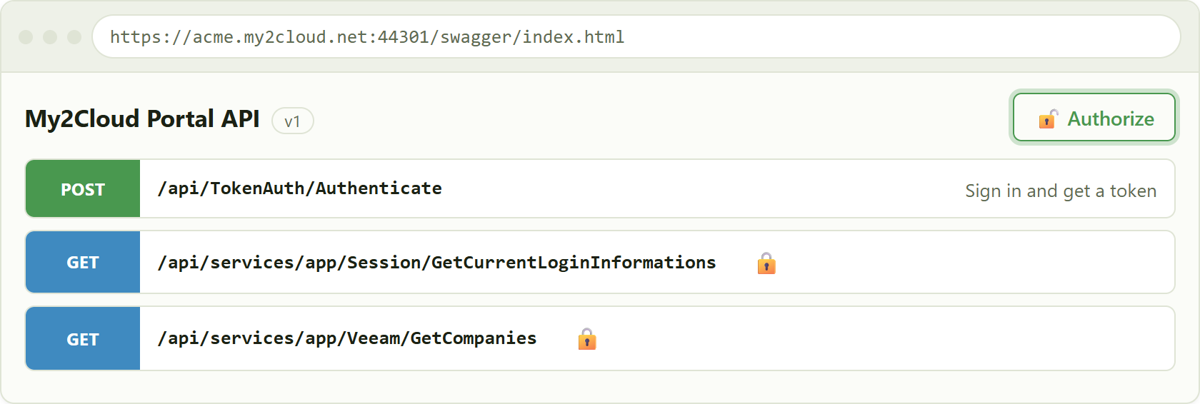 the Swagger landing page. The padlock on an endpoint means it needs a token.