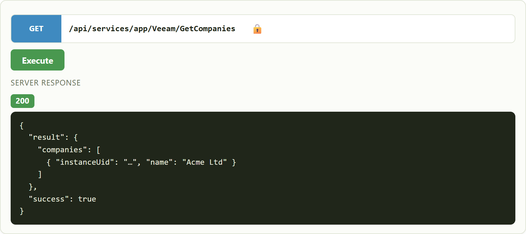 a successful call returns a 200 with the JSON result.