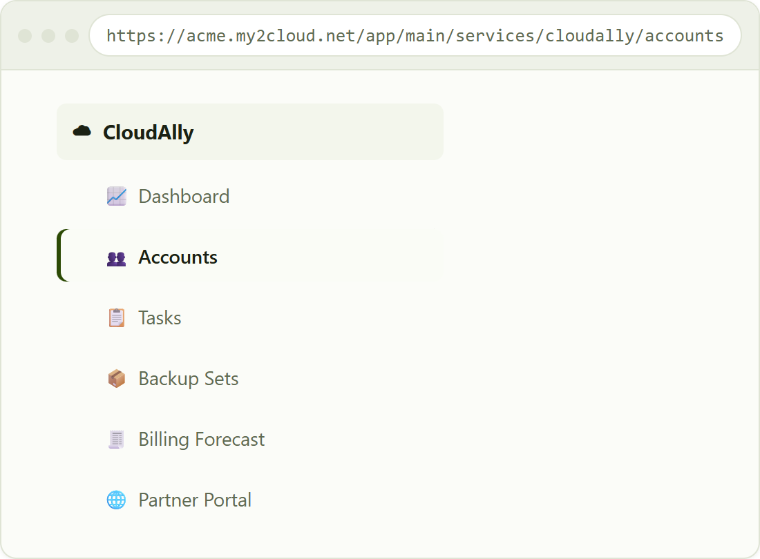 the CloudAlly menu under Services, with Accounts selected.