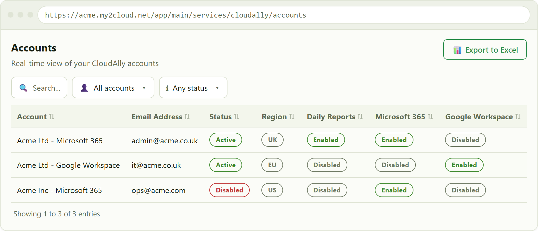 the Accounts list. The Region pill shows where each account's data is held.