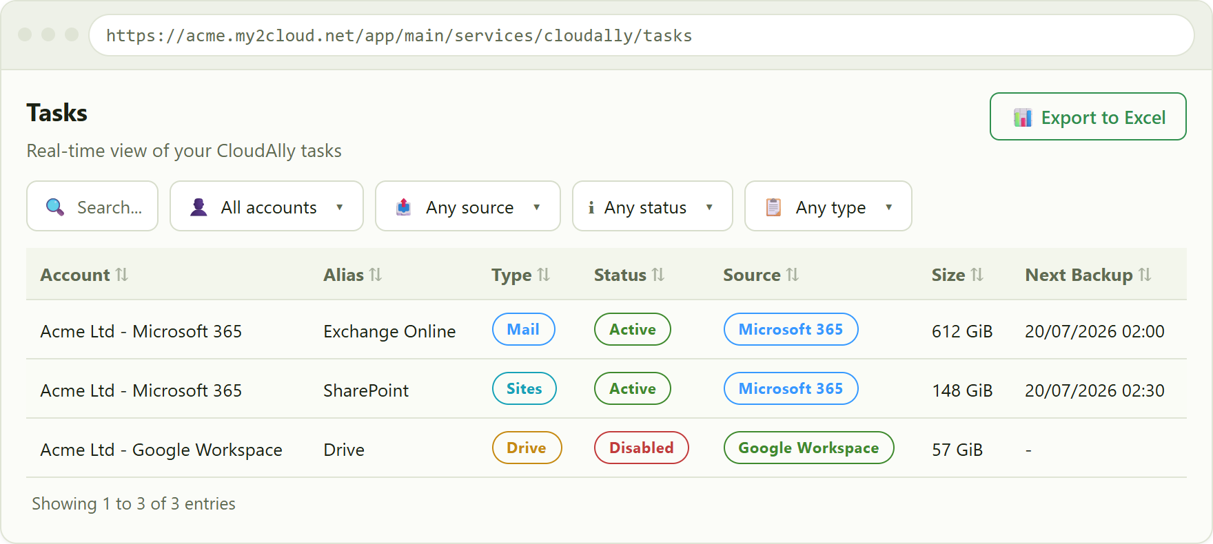 the Tasks list, filtered by account, source, status and type.