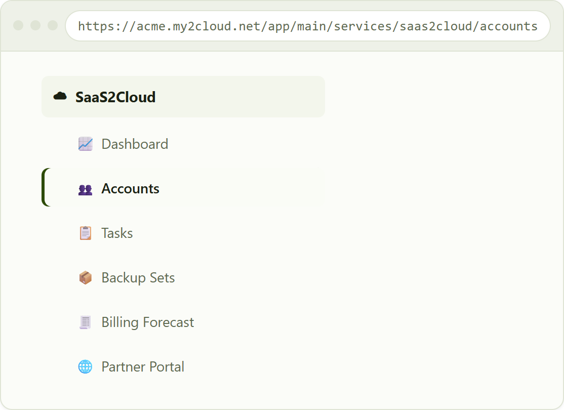 the SaaS2Cloud menu under Services, with Accounts selected.