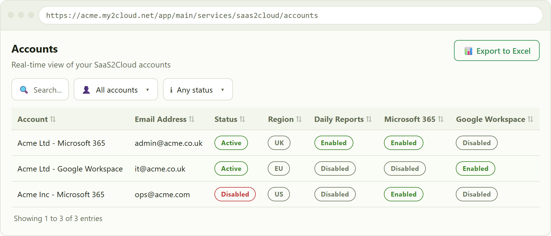 the Accounts list. The Region pill shows where each account's data is held.