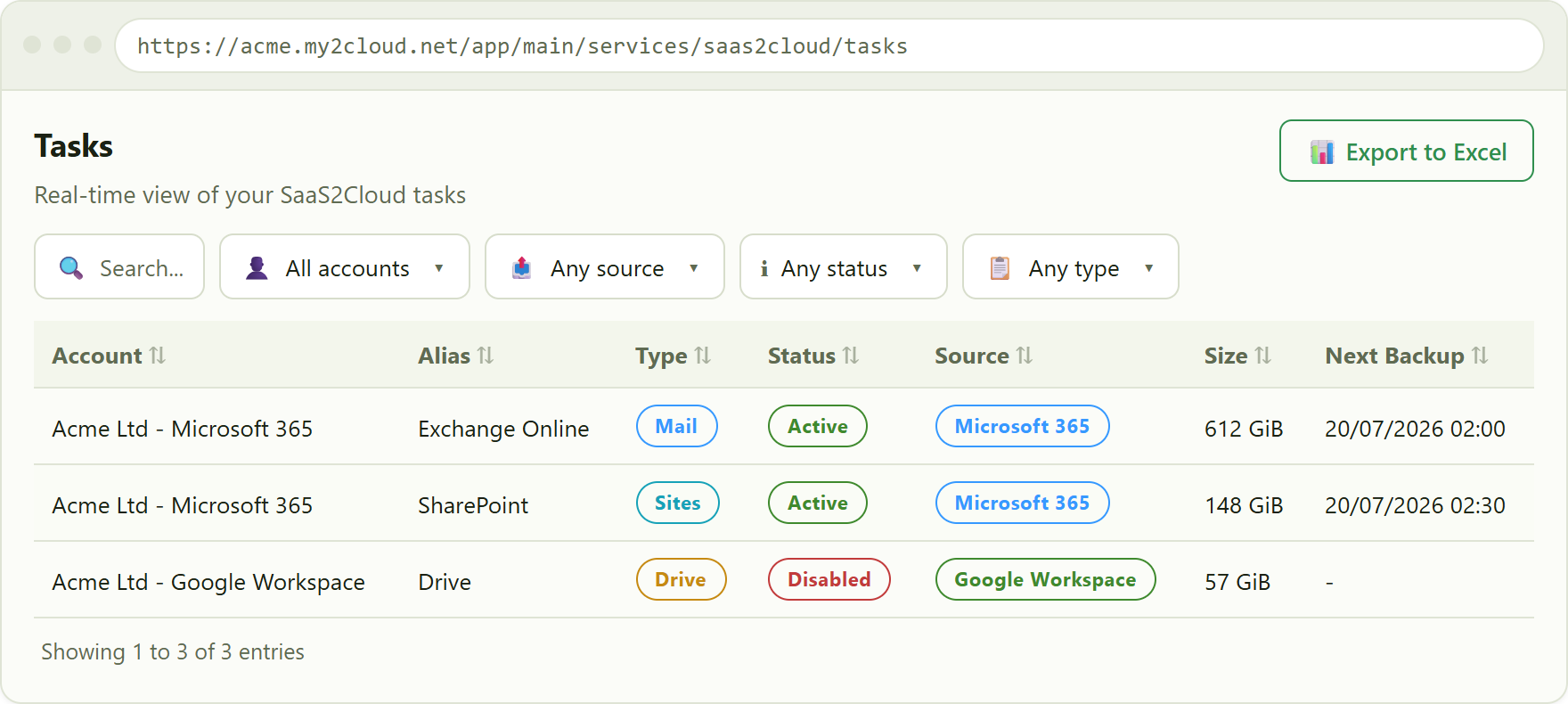 the Tasks list, filtered by account, source, status and type.